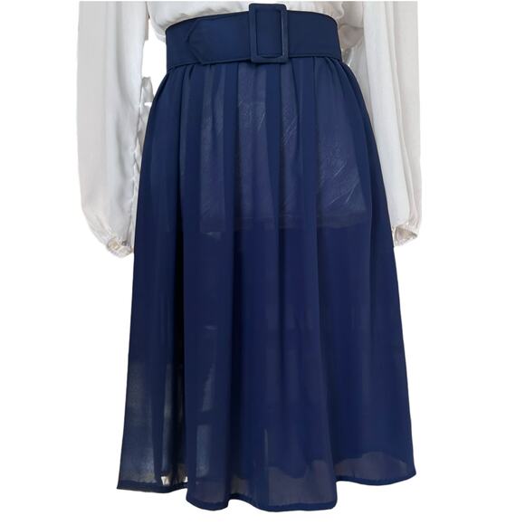 Vintage 80s White Blue Sheer Belted Dress Womens Sz Small Lace Collar Coquette - Picture 7 of 16